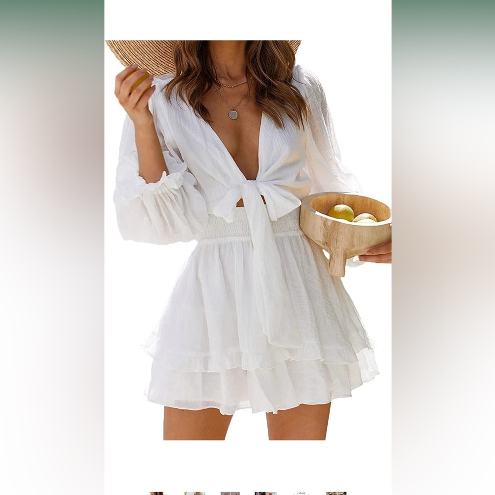 NWOT White front tie ruffle long sleeve dress